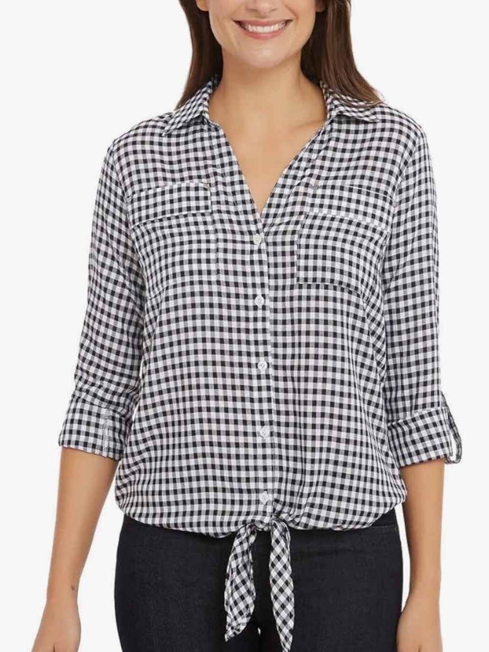 Jones New York Black & White Gingham Tie-Front Button-Down Shirt
